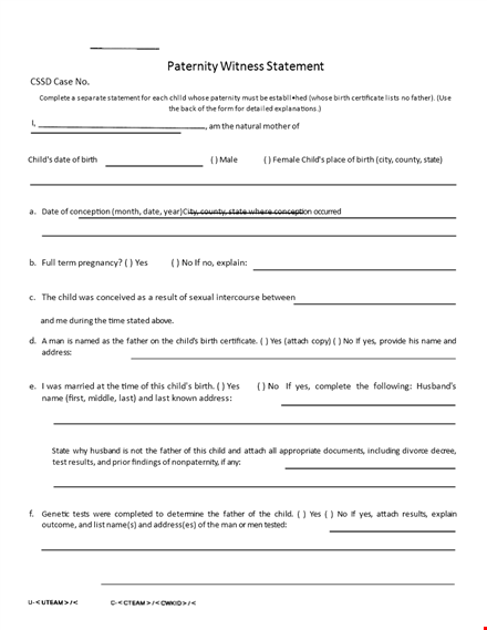 paternity witness statement form template