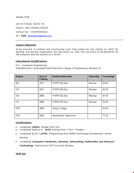 computer engineering resume format template