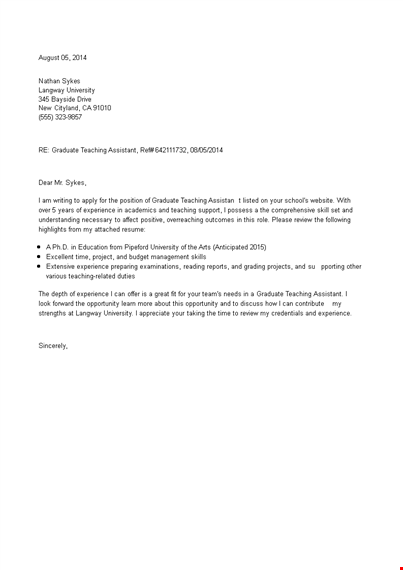 job application letter for teaching assistant template