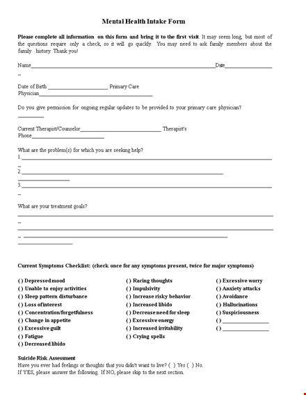 Complete Mental Health Intake Form for History, Family, and Current ...