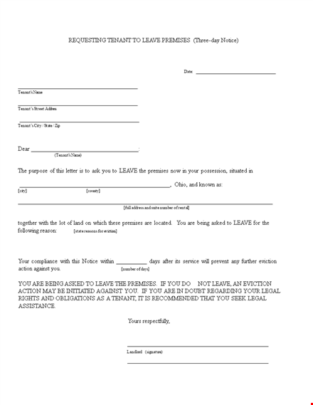 legal eviction notice letter for tenant | leave premises | address template