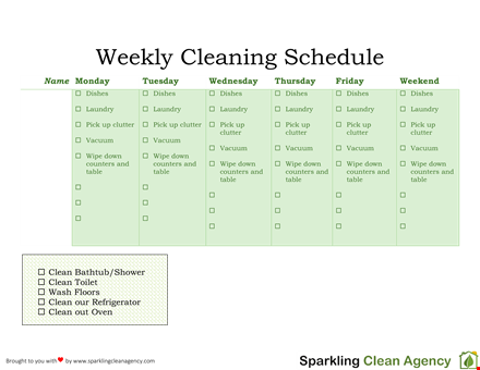 weekly cleaning schedule template template