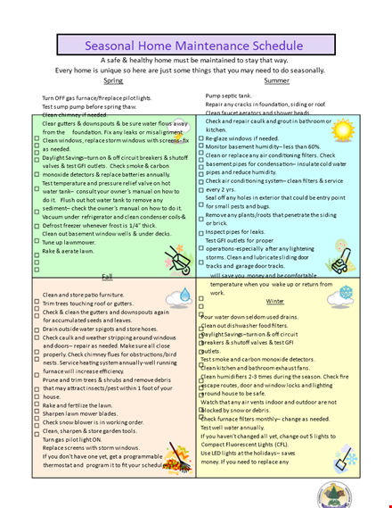 seasonal home maintenance schedule template