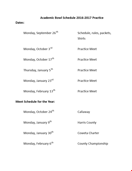 printable academic bowl schedule - monday practice | january template