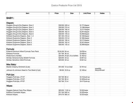 costco products price sheet free pdf template download template