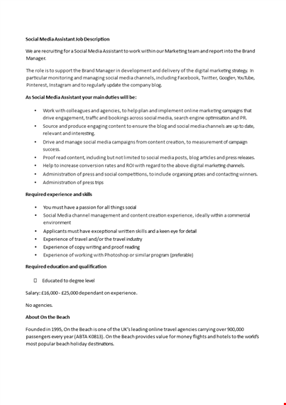 Social Media Assistant Job Description Resume