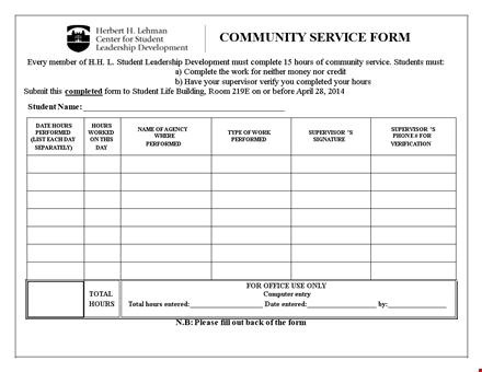 community service letter template for students | complete community service hours template