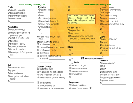 heart healthy grocery list: get fresh vegetables, whole foods, and sauces template