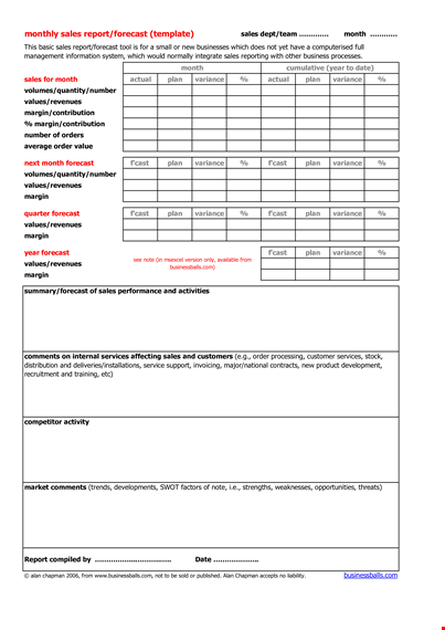 monthly sales report format: improve sales, analyze variance, forecast growth template