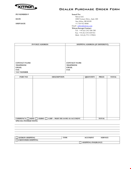 dealer purchase order form template