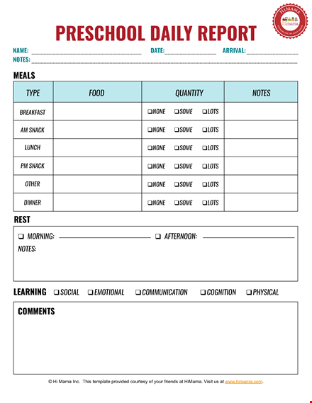 preschool daily sheet template