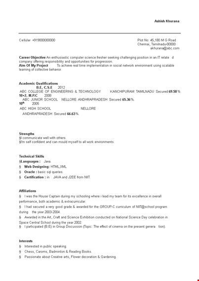 professional fresher engineer resume example template