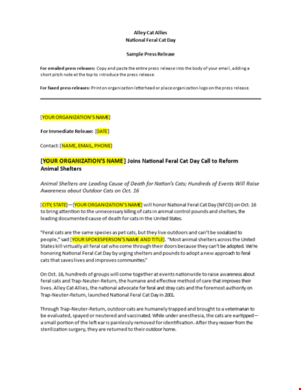 national press release template for feral shelters template