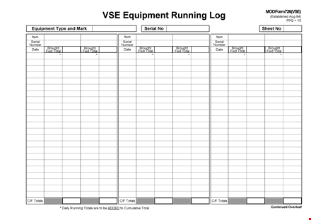 printable vse equipment running log & totals template