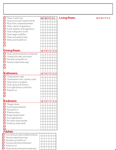 complete house cleaning checklist for a tidy kitchen and living space template