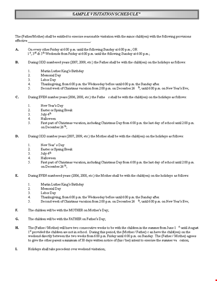 sample visitation schedule template template