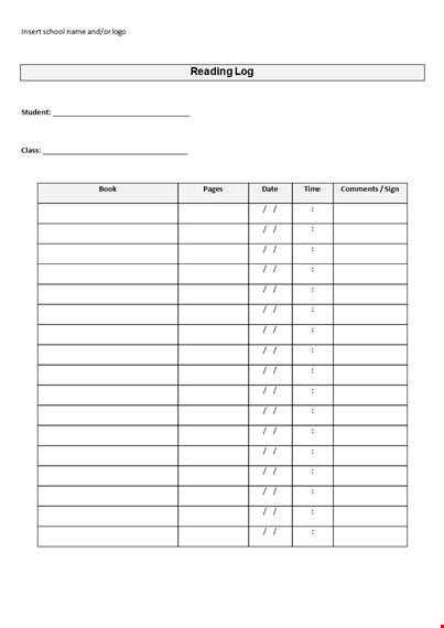 download free reading log template for students and class template