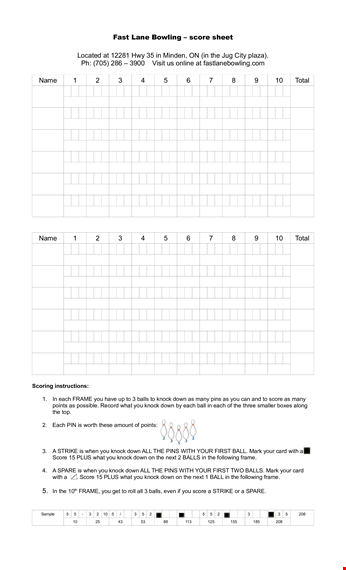 bowling score sheet: track scores, frames, knockdowns, and balls template