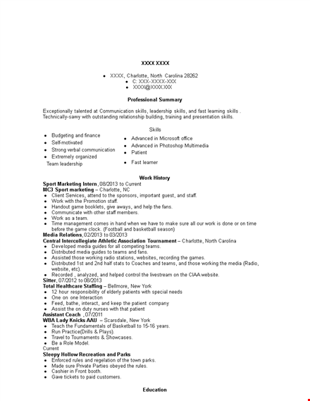 sports marketing internship resume: skills in basketball tournament & sport template