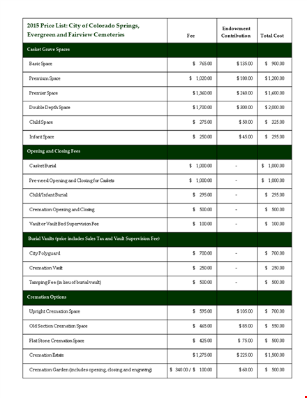 cemetery price list: find affordable rates for space, cremation, grave, and vault template