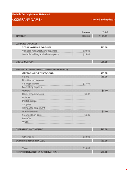 variable costing income statement template