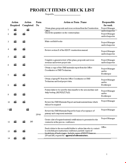 project items checklist template template