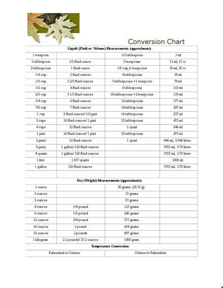 liquid volume measurement chart template