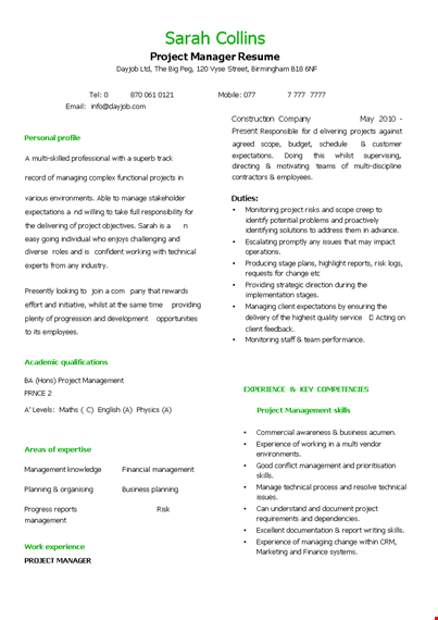 project manager resume example template