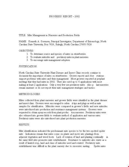 production management progress report - effective management of plant mites and miticides template