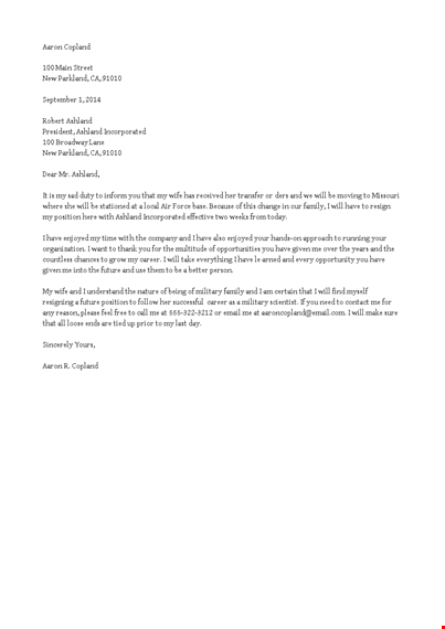 immediate resignation letter due to relocation template