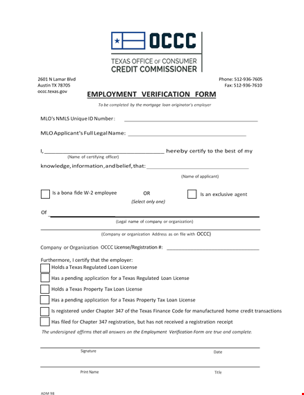 mortgage employment verification form template