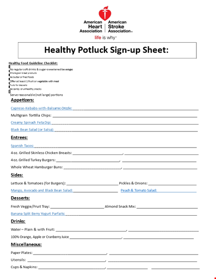 potluck sign up sheet - salad, healthy whole, drinks, fruit template