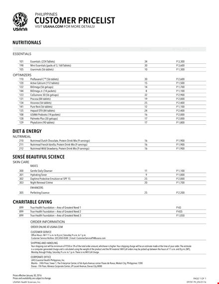 customer price list template template