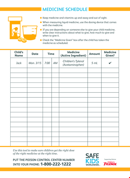 kid's medicine schedule template template