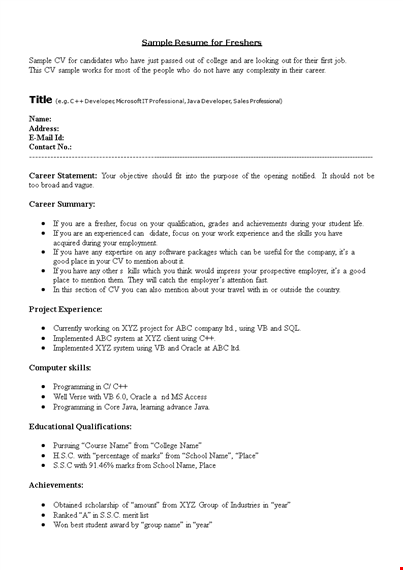 sample resume for freshers template