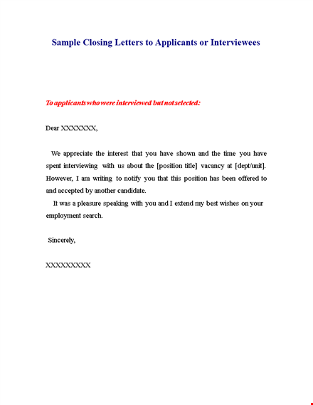 sample rejection letter for position applicants - closing | letters template