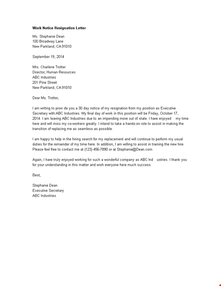 work notice resignation letter template