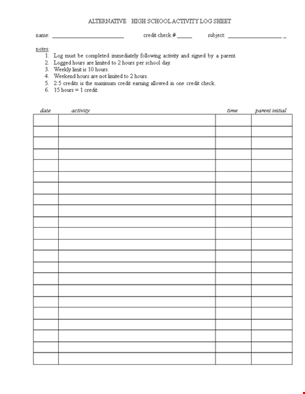 school credit activity hours log sheet template