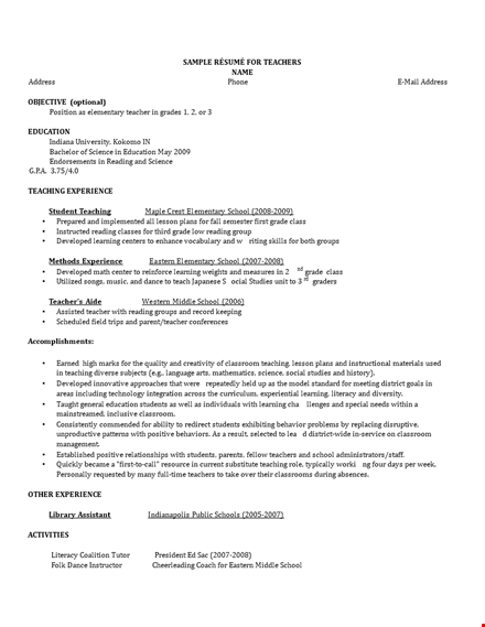 sample teacher resume - school educator for reading & learning template