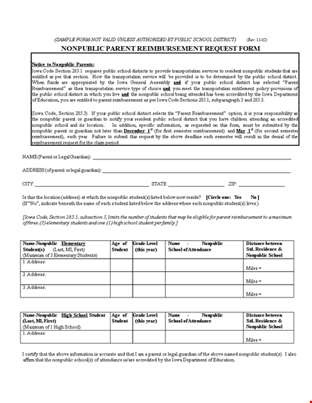 reimbursement form for schools - public & nonpublic | student & parent options template