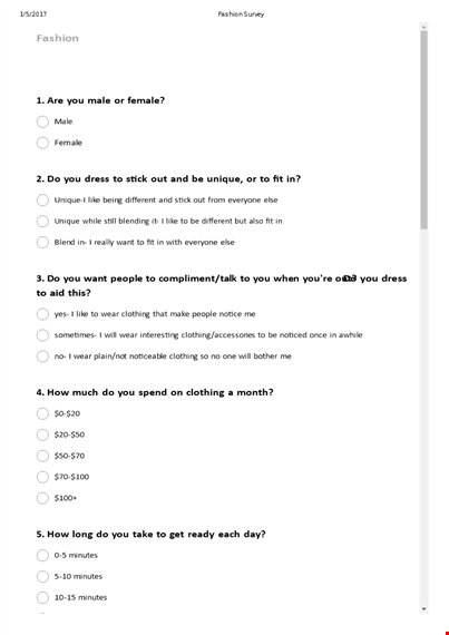 sample fashion survey questionnaire template