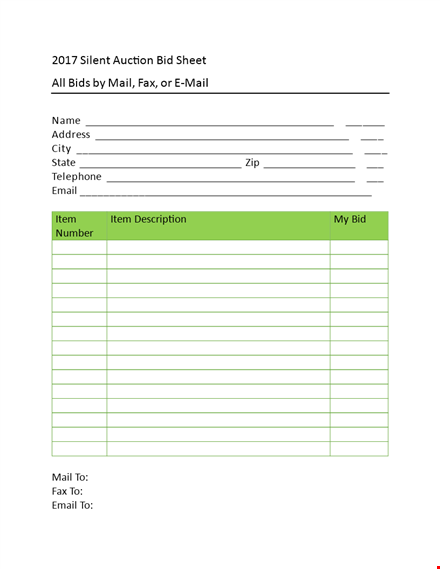 silent auction bid sheet - bid on your favorite items easily template