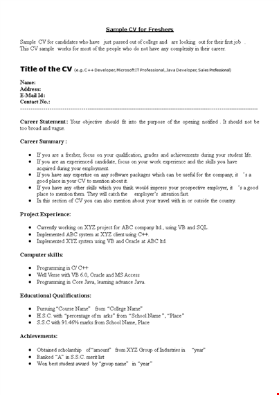 sample cv format for freshers template