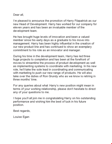 promotion letter for harry - development as a valued member template