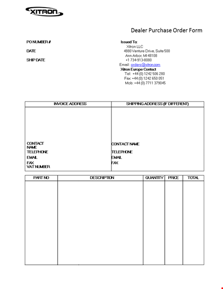 dealer purchase order form - streamline your business operations | contact xitron today template