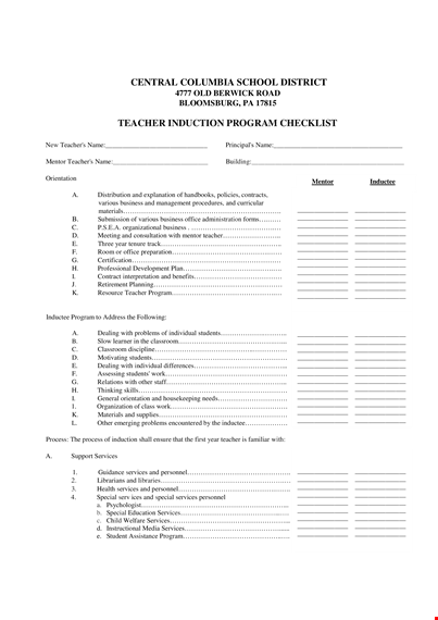 teacher induction program checklist template