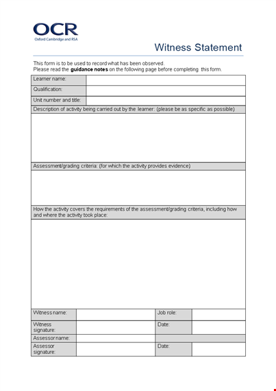 witness statement form for learner and assessor: documenting witness activity template