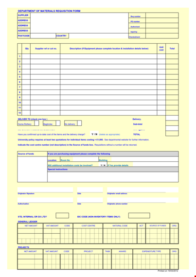 department material requisition form template