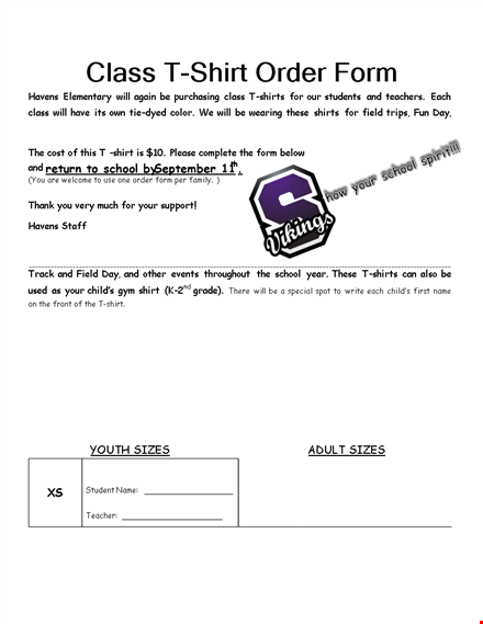 class t shirt order form template