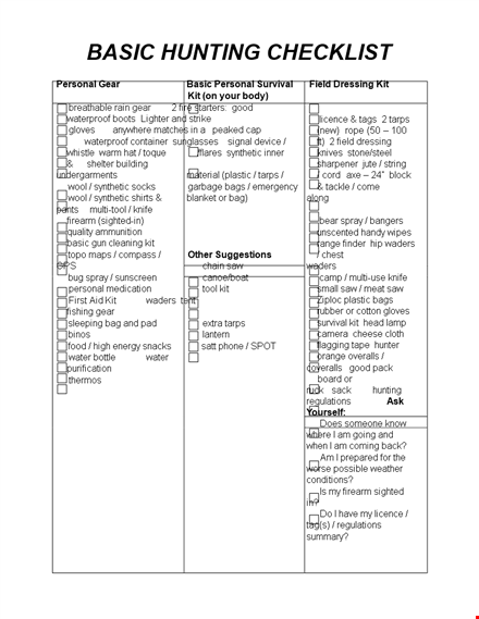 hunting camping checklist template